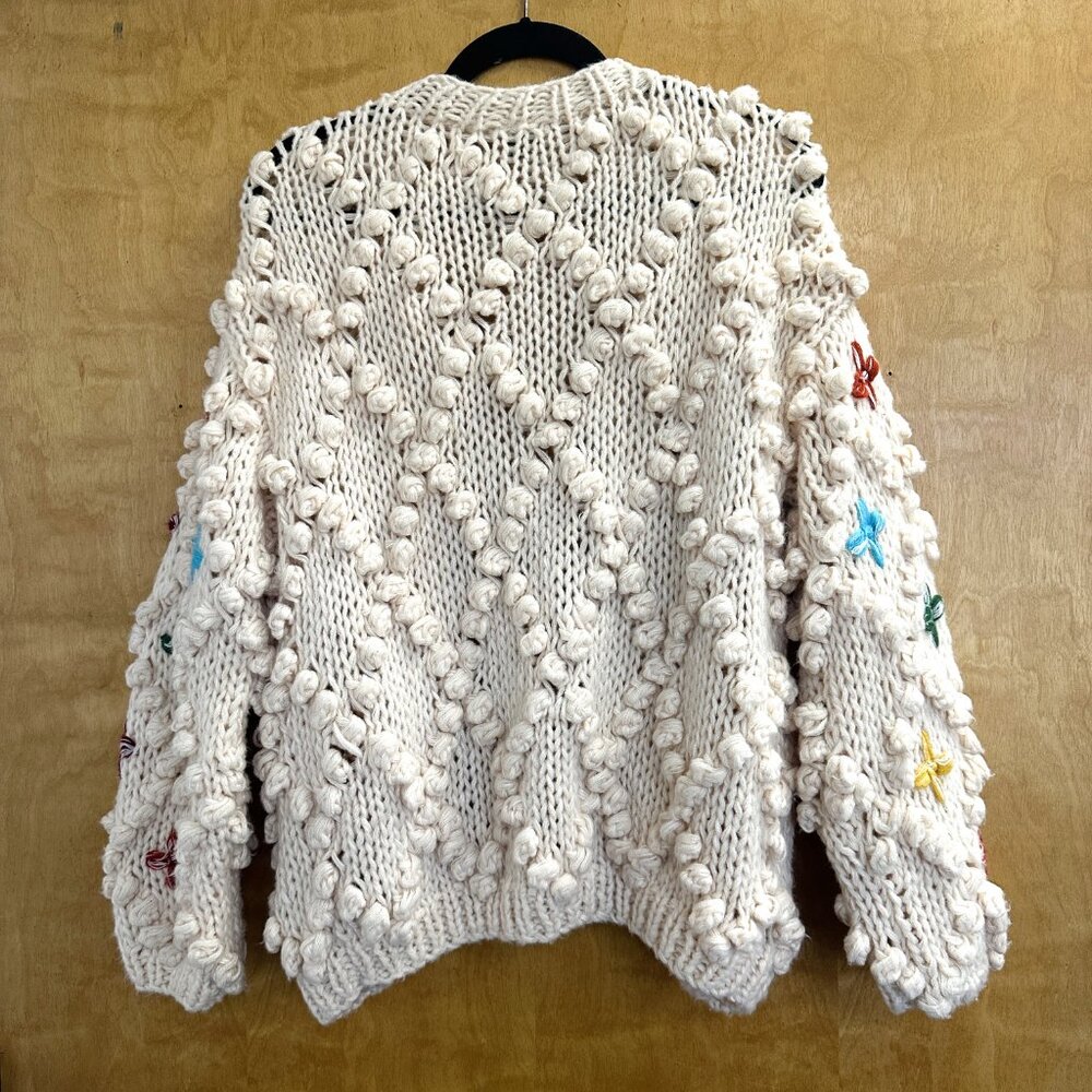 Anthropologie Cream Chunky Knit Cardigan with Multicolor Embroidery - Picture 6 of 7